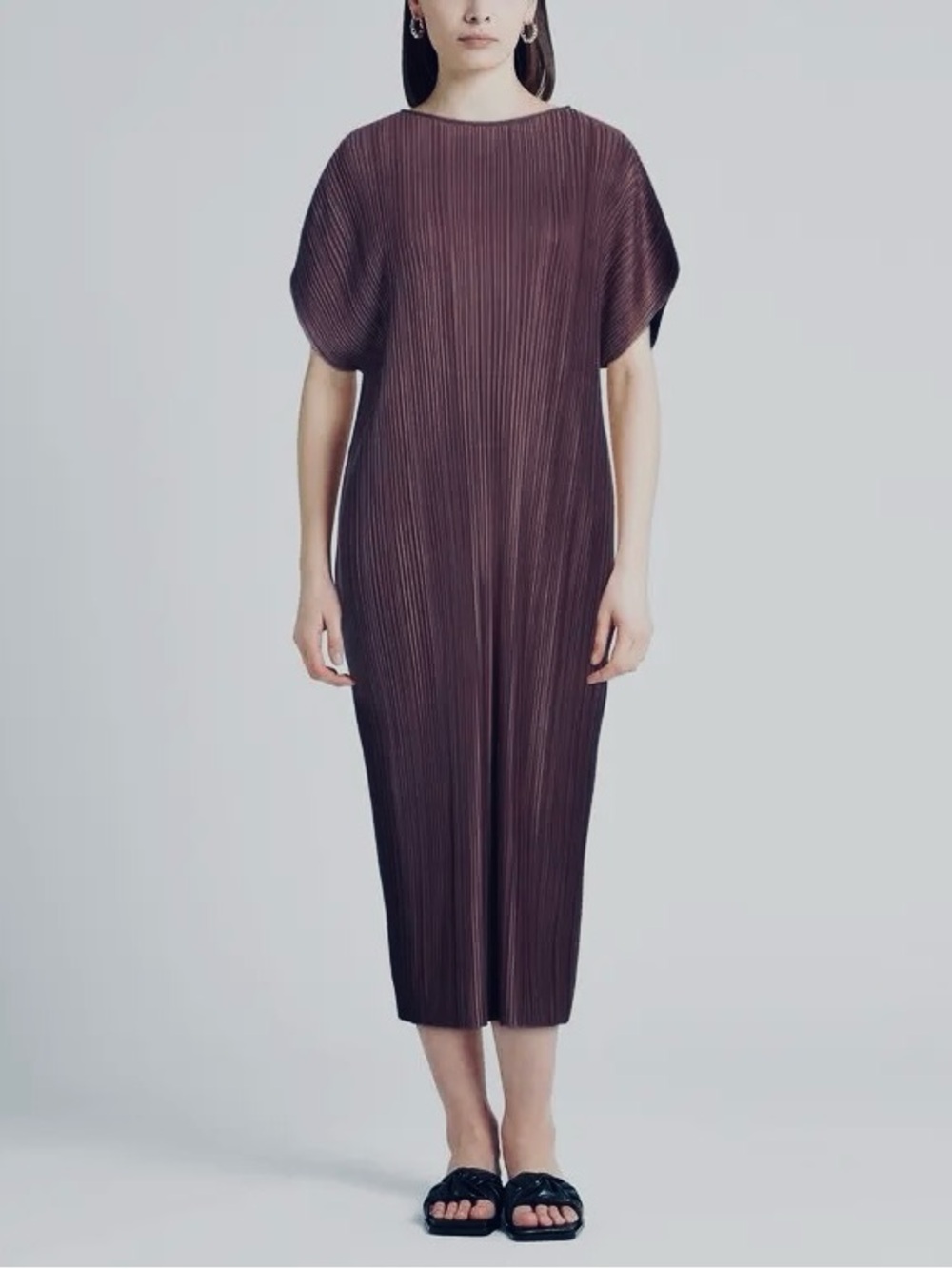 City Chic Pleated Midi Dress in Mauve Brown